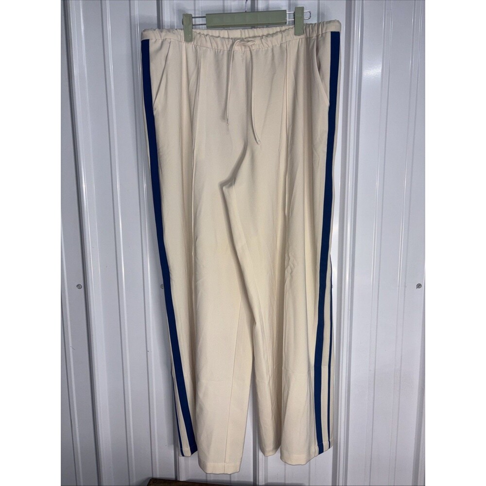 Athleta Womens Beige with Blue Stripe Wide Leg Track Pants XL EUC